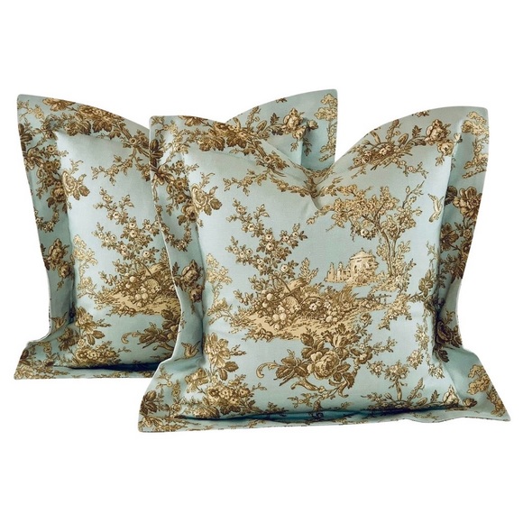 Pair P Kaufmann Braemore Aqua Cream & Brown French Country Toile Pillow Covers - Picture 5 of 5